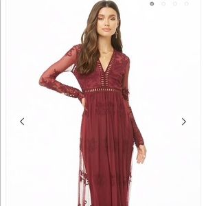 Sheer Embroidered Maxi Dress- Burgundy